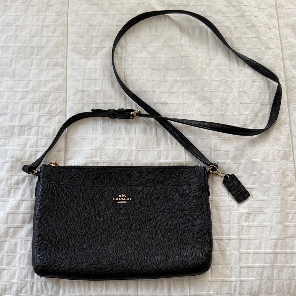 Coach Black Leather Crossbody with Gold-Tone Logo